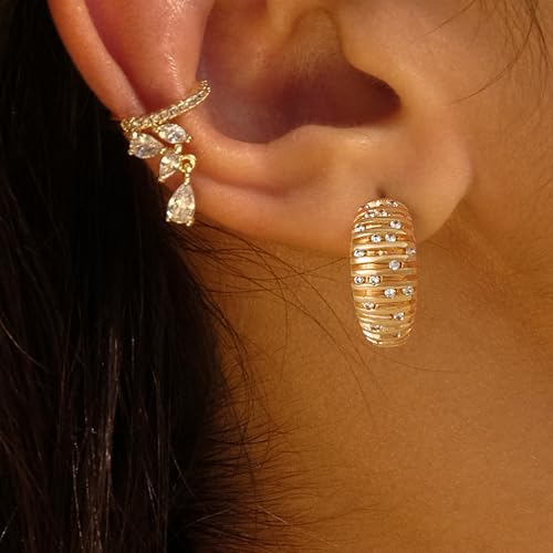 VACRONA Cubic Zirconia Huggie Earrings 14k Gold Plated Tiny Earrings Small Huggie Hoop Earrings Simple Lightweight Hoops Gift for Women - color: Wide line