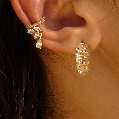 VACRONA Cubic Zirconia Huggie Earrings 14k Gold Plated Tiny Earrings Small Huggie Hoop Earrings Simple Lightweight Hoops Gift for Women - color: Wide line