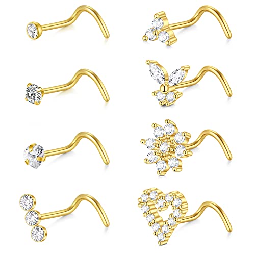 Briana Williams Nose Studs Nose Rings for Women 18G 20G Corkscrew Nose Ring Stainless Steel Nose Screw Studs Nose Rings Studs Surgical Steel Nostril Nose Piercing Jewelry - color: B -18g, gold