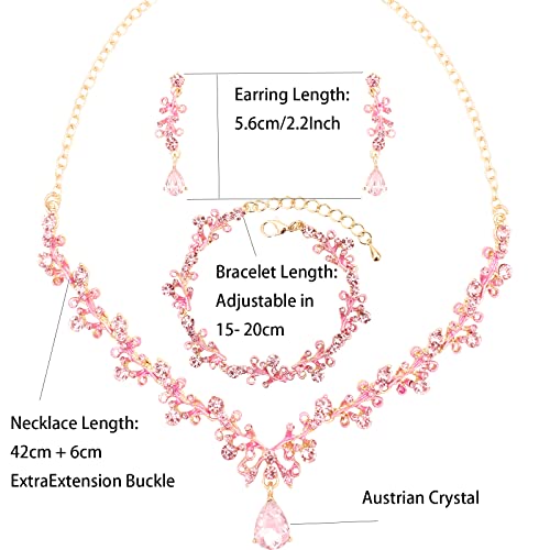 3Pcs Austrian Crystal Jewelry Set for Women, Necklace Dangle Earrings Link Bracelet Jewelry Set with Gold/Platinum/Gun Plated, Wedding Party Jewelry for Bridal Bridesmaid - color: Pink-Gold Plated
