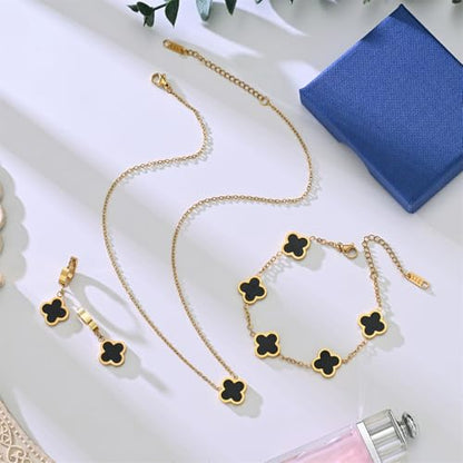 18K Gold Plated Lucky Clover Jewelry Set, Birthday Gifts for Women | Stainless Steel Hypoallergenic,Black White Red Four Leaf Clover Bracelet Necklace Earrings set, Daily Wear, Gifts for Women - color: Clover Set-Black