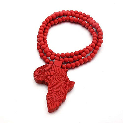COLORFUL BLING Multicolor 8MM Wooden Bead Chain African Hip-hop Africa Map Pendant Necklace for Men Boys Natural Wood Jewelry - color: style2 red