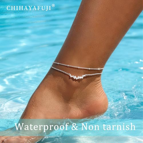 Sterling Silver Ankle for Bracelets Women 14K Gold Waterproof Layered Stackable Chain Sparkling Zircon Adjustable Non Tarnish Anklet Bracelet for Summer Beach Jewelry Gift - color: SilverB