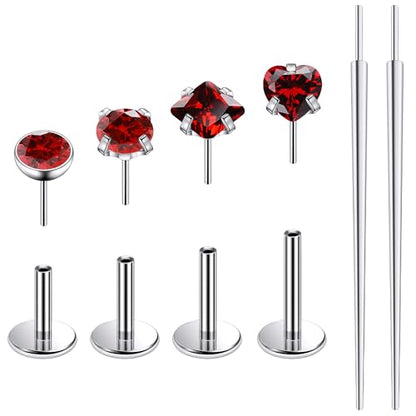 Ruifan Titanium Flat Back Lip Rings Threadless Push in Earrings Studs Nose Rings 20G 18G 16G Round Heart Square CZ Tragus Cartilage Lobe Rook Helix Conch Labret Medusa Piercing Jewelry for Women Men - color: Red CZ, size: 16G-6/8/10mm