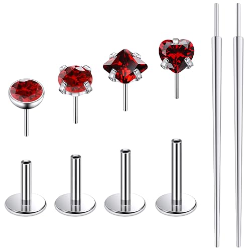 Ruifan Titanium Flat Back Lip Rings Threadless Push in Earrings Studs Nose Rings 20G 18G 16G Round Heart Square CZ Tragus Cartilage Lobe Rook Helix Conch Labret Medusa Piercing Jewelry for Women Men - color: Red CZ, size: 16G-6/8/10mm