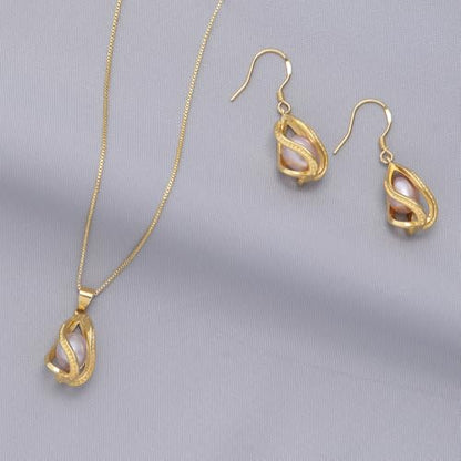 Pearl Jewelry Set For Women S925 Sterling Silver/14K Gold Plated Necklace & Earrings Set Freshwater Pearl Pendant Cage Set for Wedding Anniversary Prom Birthday Gift - color: Golden-Purple