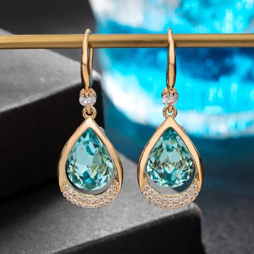 Austrian Crystal Halo Teardrop Hollow Drop Dangle Earrings for Women 14K Rose Gold Plated Hypoallergenic Jewelry Gifts - color: Aquamarine
