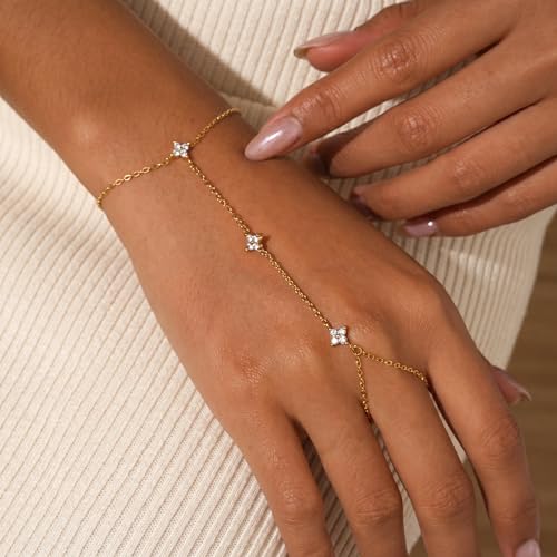 Bracelets for Women, Dainty Gold Silver Ring Bracelet Hand Chain | Cubic Zirconia Pearl Charms, 14K Gold Plated, Adjustable Fit, Trendy Stackable Link Chain, Waterproof Jewelry, Gift for Her - color: Gold-clover hand chain