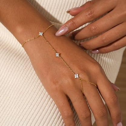 Bracelets for Women, Dainty Gold Silver Ring Bracelet Hand Chain | Cubic Zirconia Pearl Charms, 14K Gold Plated, Adjustable Fit, Trendy Stackable Link Chain, Waterproof Jewelry, Gift for Her - color: Gold-clover hand chain