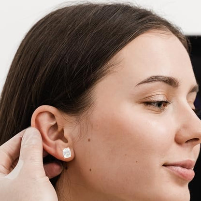 Women's 18K Gold Plated 8x10mm Princess Cut Gemstone Stud Earrings – Birthstone Jewelry for Her – Classic Cushion Studs - color: White Quartz