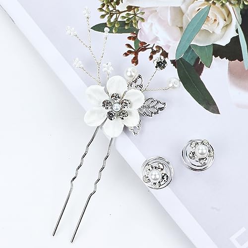 Cinaci 18 Pieces Bridal Wedding Party Prom Pearl Rhinestone White Flower Hair Side Combs Slides+U-shaped Flower Hair Pins+Twist Spiral Hairpins Floral Headpieces for Brides Bridesmaids Women Girls - color: White