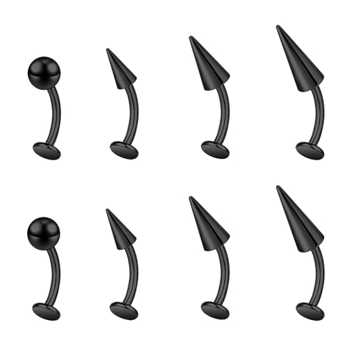 ZS 16G Devil Curved Barbell Lip Ring, Stainless Steel 6/8/10/12mm Long Bar Belly Button Ring, Flat Back Tiger Teeth Vertical Labret Lip Rook Navel Piercing Jewelry - color: Black, size: L:10mm