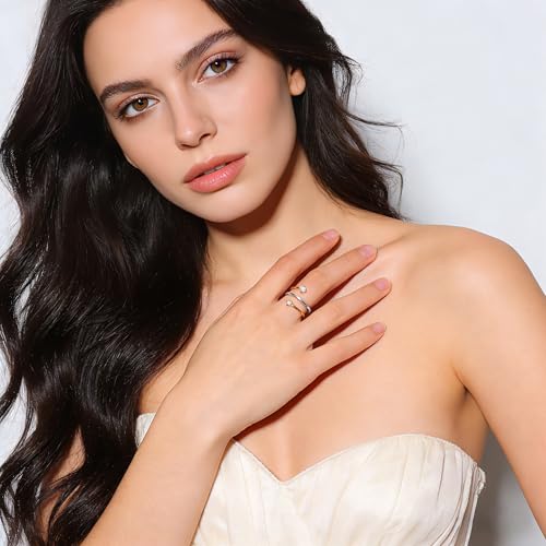 Two Tone Wrap Ring for Women Silver and Gold Plated Dainty Spiral Band with CZ Minimalist Open Rings Thin Around Bands Trendy Mixed Metal Jewelry