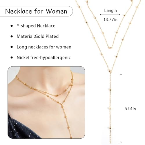 Necklace for Women, Dainty Long 14K Gold Y-Shaped Necklace Jewelry Trendy Beaded Layered Chain Drop Necklaces Jewelry Women Gifts - style: Round Bead