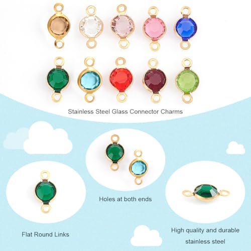 UNICRAFTALE 40pcs 10 Colors 1.5mm Hole 304 Stainless Steel Rhinestone Links Connectors Flat Round Birthstone Links Charm Glass Connector Charms Drop Dangle Pendant for Jewelry Earring Making