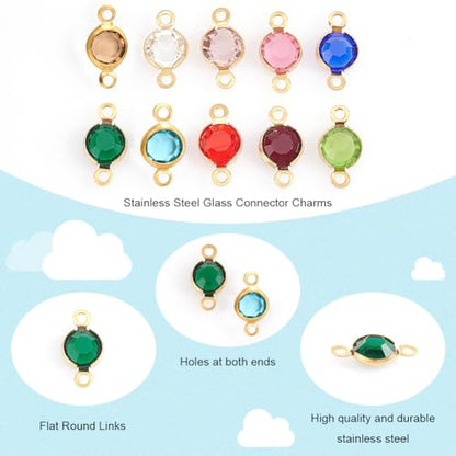 UNICRAFTALE 40pcs 10 Colors 1.5mm Hole 304 Stainless Steel Rhinestone Links Connectors Flat Round Birthstone Links Charm Glass Connector Charms Drop Dangle Pendant for Jewelry Earring Making
