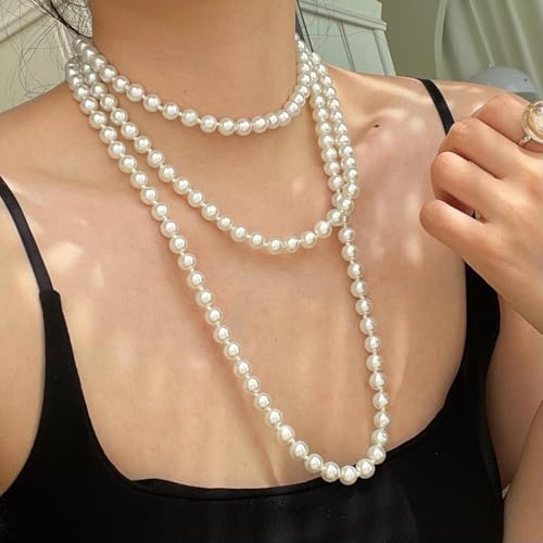 Long Pearl Necklaces for Women Faux Pearl Strand Necklace Statement Beaded Necklaces 1920s Gatsby Costume Jewelry - color: Ivory