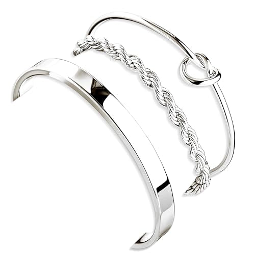 925 Sterling Silver Bracelets for Women Stack, Trendy Tennis Bangle Cuff Jewelry Set 14K Gold Plated, Adjustable Bracelet Set for Wrist Essentials, Women Fashion Watch Band Acecessories - style: Bracelet_3pcs(Silver Bangle Set)