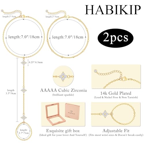 Mothers Day Gifts 14K Gold Plated Hand Chain Bracelet for Women, Stackable Gold/Silver Finger Ring Bracelet Hand Chain Dainty Non Tarnish Waterproof CZ Satellite Bead Link Adjustable Jewelry - color: Gold-Style 4