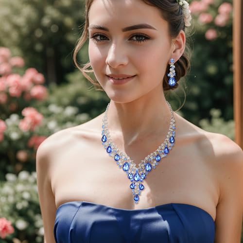 Wedding Bridal Necklace Earrings Jewelry Set for Women | Gorgeous Austrian Crystal Teardrop Flower Cluster for Bridal Bride Bridesmaid - color: 2Pcs-Navy Blue Silver-Tone