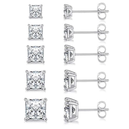 MDFUN 5 Pairs Square Earrings Set for Women Hypoallergenic 18K White Gold/Yellow Gold/Rose Gold Plated Princess Cut Clear Cubic Zirconia Stud Earring 3-7MM Pack of 5 - color: White Gold