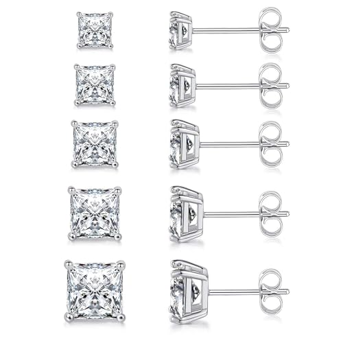 MDFUN 5 Pairs Square Earrings Set for Women Hypoallergenic 18K White Gold/Yellow Gold/Rose Gold Plated Princess Cut Clear Cubic Zirconia Stud Earring 3-7MM Pack of 5 - color: White Gold