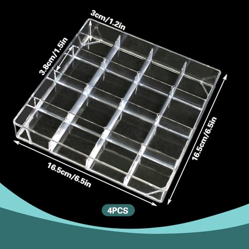 4 PCS Stackable Jewelry Organizer Tray, Clear Square Plastic Storage Box | with 16 Mini Grid (1.57''), Suitable for Drawer Dresser Vanity Desk Use, Necklaces Bracelets Rings Earrings Storage