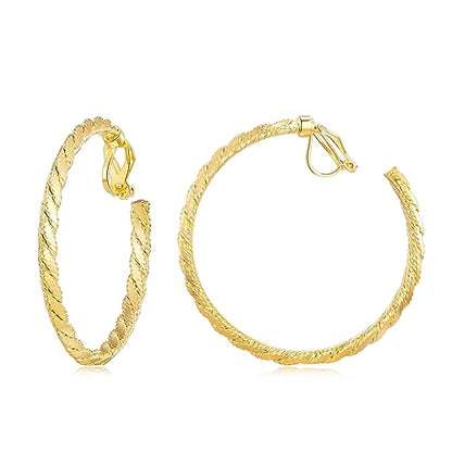 YOQUCOL 5CM(2.0IN) Golden Swingable Clip On Hoop Earrings for Women Non Pierced Ears Hoop Earrings - color: E