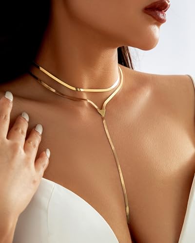 Gold Layered Necklaces for Women Chunky Layered Gold Necklaces Stacked Paperclip Chain Pearl Necklace Herringbone Toggle Clasp Choker Trendy Statement Jewelry Gifts - color: B3:gold y necklace