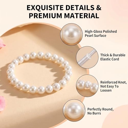 QUUPY 10Pcs White Faux Pearl Bracelets Set, 5 Sizes Stackable Elastic Beaded Bracelets, Elegant Jewelry for Bridal, Wedding, Bridesmaid, Party, Daily Wear and Gifts