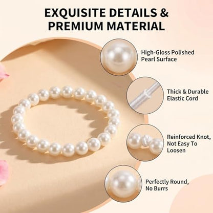 QUUPY 10Pcs White Faux Pearl Bracelets Set, 5 Sizes Stackable Elastic Beaded Bracelets, Elegant Jewelry for Bridal, Wedding, Bridesmaid, Party, Daily Wear and Gifts