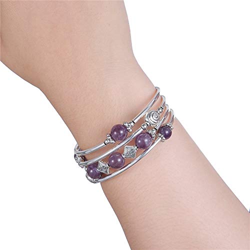Beaded Pearl Bangle Wrap Bracelet - Fashion Bohemian Jewelry Multilayer Charm Bracelet with Thick Silver Metal Beads, Gift For Women - color: Purple