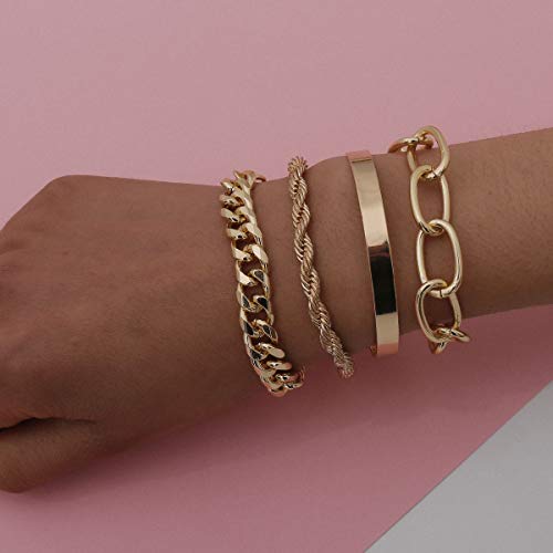 Dainty Boho Chain Bracelets Set for Women Adjustable Fashion Beaded Chunky Flat Cable Chain Punk Bracelets for Women Gift Set of 4 - color: Golden