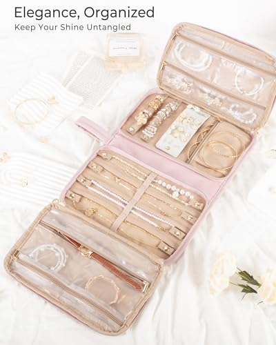 Marscamd Travel Jewelry Case Organizer, Foldable Jewelry Bag, Pink | with Zipper Jewelry Bag for Earrings, Rings, Necklaces, Bracelets, Brooches - color: Pink