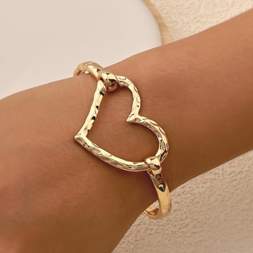 Chunky Heart Bracelet for Women Gold Silver Heart Cuff Bracelet Open Statement Love Bangle Minimalist Jewelry - color: Gold Heart