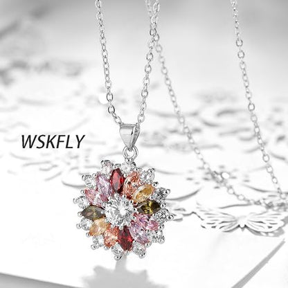 Colorful Snowflake Pendant Necklace, White Gold Plated Multi Gemstone Necklaces Marquise Cubic Zirconia Necklace for Women, 18+2 inch - color: white gold