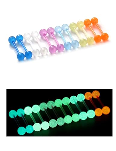 Oufksiyy 14G 16mm 14mm Glow in Dark Flexible Acrylic Straight Tongue Rings Plastic Nipple Ring Retainer Body Piercing Jewelry for Women Men 24PCS(12Pairs 14 Gauge Piercings - color: 14G-14mm(9/16INCH)-Barbell