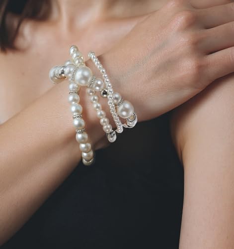 4Pcs Pearl Bracelet Stack, Fake White Pearl Bracelets for Women Dainty Beaded Jewelry Imitation Pearls, Stackable & Multilayered, Perfect for Bridesmaids, Silver & White