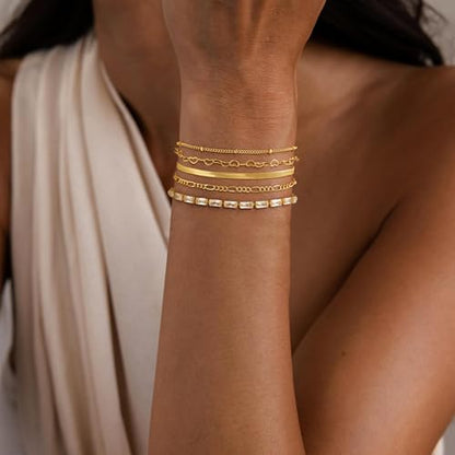 Dainty 14K Gold Plated Bracelets for Women Waterproof, Non Tarnish Gold Jewelry Sets, Thin Stackable Link Paperclip Chain Bracelet Pack Fashion Accessories Gifts for Womens - style: 5Pcs BRACELET SET-08