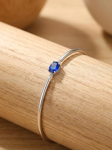 Moissanite/Sapphire/Ruby/Emerald Cuff Bracelet 1 Carat Oval Cut Center Stone Inlaid 925 Sterling Silver 14K Gold Plated Adjustable Birthstone Bangle for Women fit Wrist 5-7.5 Inch - color: Sapphire Silver