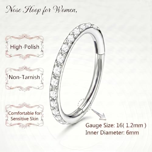 Staligue Nose Hoop ring - 316L Surgical Steel Nose Ring 16/18/20G Hinged Diamond Nose Ring Hoop Septum Clicker Rings Cartilage Earring Helix Rook Tragus Daith Piercing Jewelry for Women 6MM/8MM/10MM/12MM - color: Silver, size: 16G-6MM