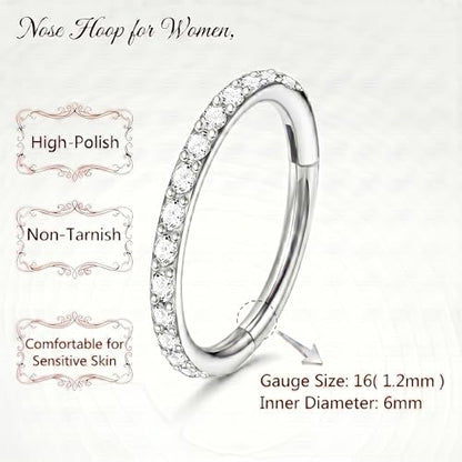 Staligue Nose Hoop ring - 316L Surgical Steel Nose Ring 16/18/20G Hinged Diamond Nose Ring Hoop Septum Clicker Rings Cartilage Earring Helix Rook Tragus Daith Piercing Jewelry for Women 6MM/8MM/10MM/12MM - color: Silver, size: 16G-6MM