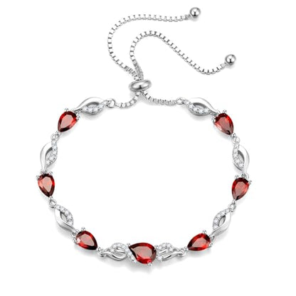 FANCIME Birthstone Teardrop Tennis Bracelet for Women, Sterling Silver 9x7mm main Gemstone Bolo Adjustable Chain Bracelet Fine Jewelry Birthday Gifts for Women Mom Wife Her - color: 01-Garnet