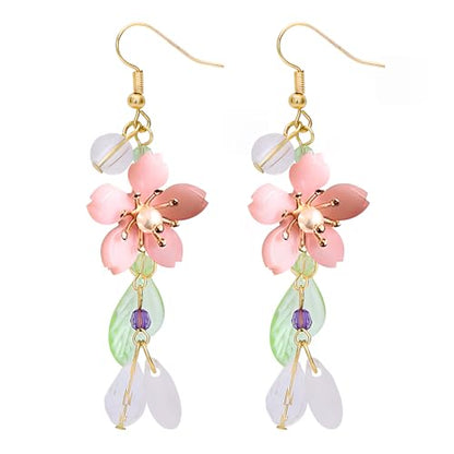 NEWITIN 4 Pieces Flower Jewelry Set for Women Fashion Costume Jewels Pink Flower Dangle Earrings Necklace Floral Beads Bracelet Gold Jewelry Set for Women - color: Pink Flower Earrings Set