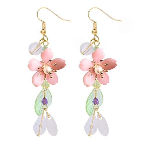 NEWITIN 4 Pieces Flower Jewelry Set for Women Fashion Costume Jewels Pink Flower Dangle Earrings Necklace Floral Beads Bracelet Gold Jewelry Set for Women - color: Pink Flower Earrings Set
