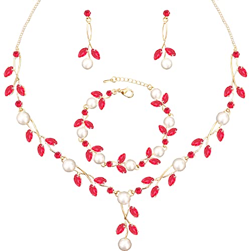 Luxury Cubic Zirconia Aurtrian Crystal Pearl Floral Necklace Dangle Earrings Wedding Bridal Jewelry Set Birthday Gifts for Her - color: Style02-Siam-Gold Plated