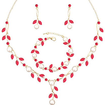 Luxury Cubic Zirconia Aurtrian Crystal Pearl Floral Necklace Dangle Earrings Wedding Bridal Jewelry Set Birthday Gifts for Her - color: Style02-Siam-Gold Plated