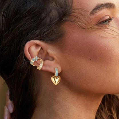 Heart Dangle Hoop Earrings for Women | 14K Gold Plated Love Heart Huggie Earrings, Hypoallergenic Dainty Jewelry Gift for Women - style: Heart-Tur