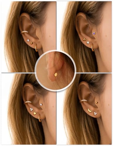 Sanfenly Threadless Flat Back Earrings Studs 316L Surgical Steel Cartilage Earrings for Women Men Push in Nose Rings Studs 20G 18G 16G CZ Opal Tragus Helix Conch Lip Labret Medusa Nostril Piercing Jewelry Hypoallergenic - color: 14K Gold, size: 16g=1.2mm