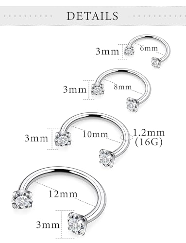 Horseshoe Nose Ring Surgical Steel Double Stud Nose Ring 16g Lip Rings Cubic Zirconia Daith Piercing Jewelry for Women Inner Diameter 6/8/10/12mm - color: 16g,inner DIA.6/8/10/12mm